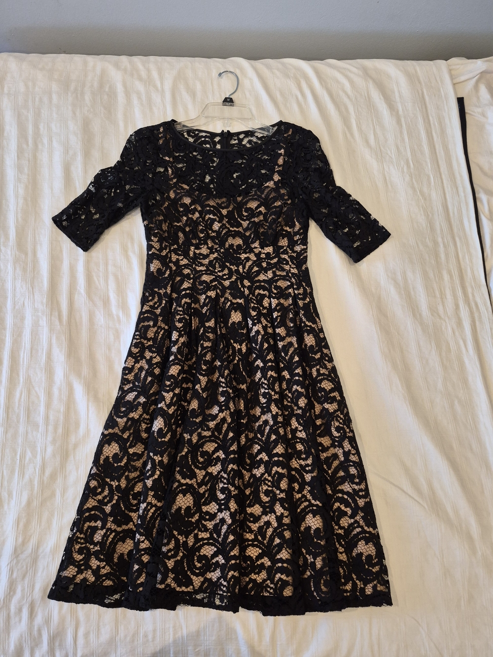 Adrianna Papell Black Lace Midi Dress with Nude Lining